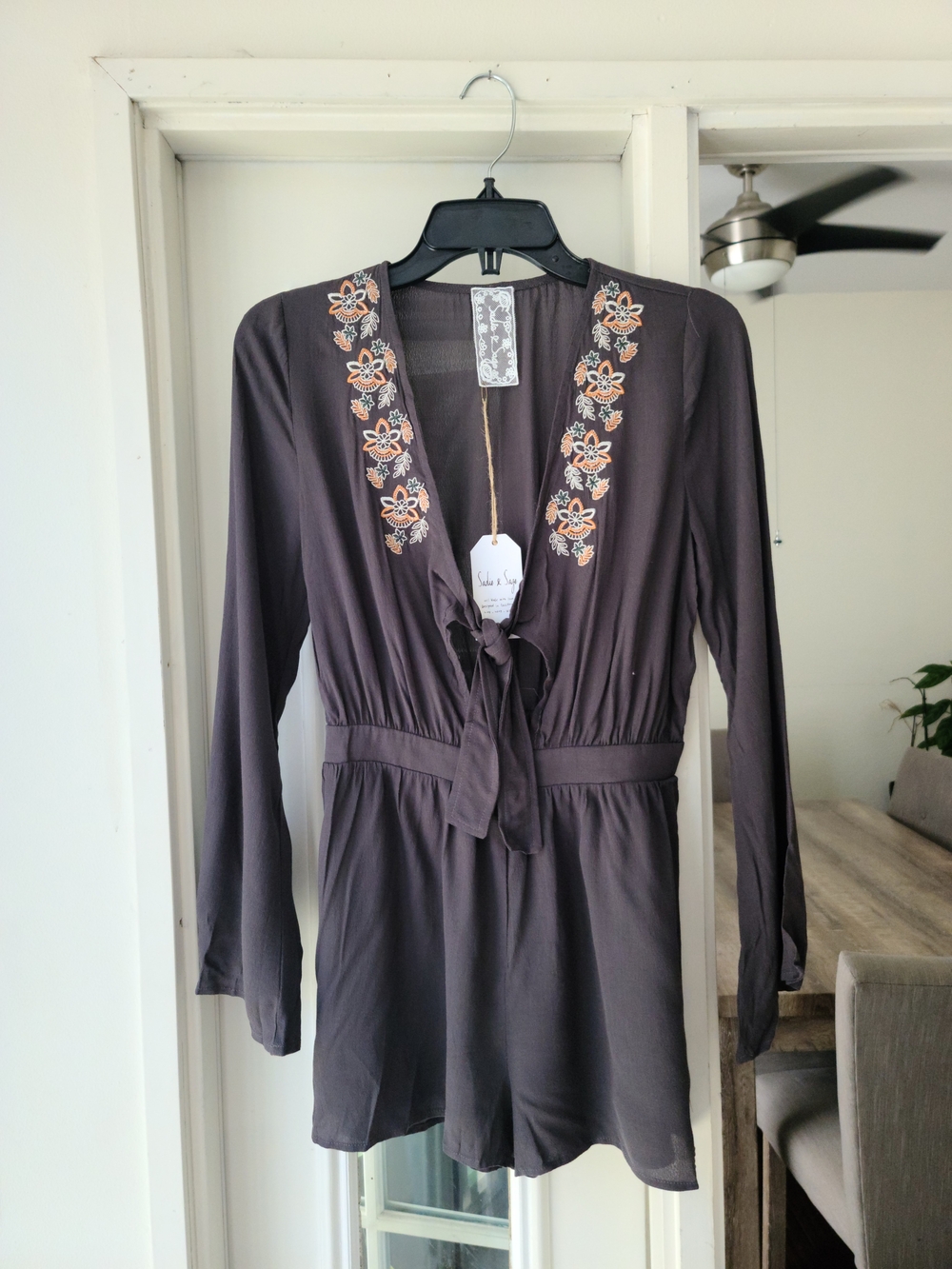 Embroidered V-Neck Black Romper with Tie Front